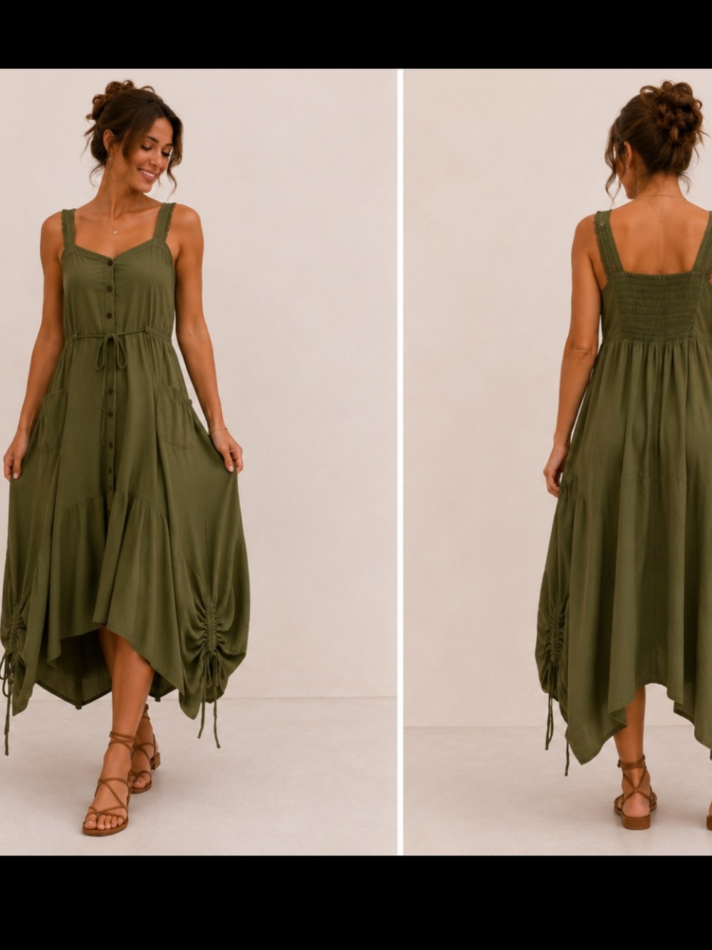 Coline Olive Green Cotton Maxi Dress XXL Boho Button Front Smocked Back